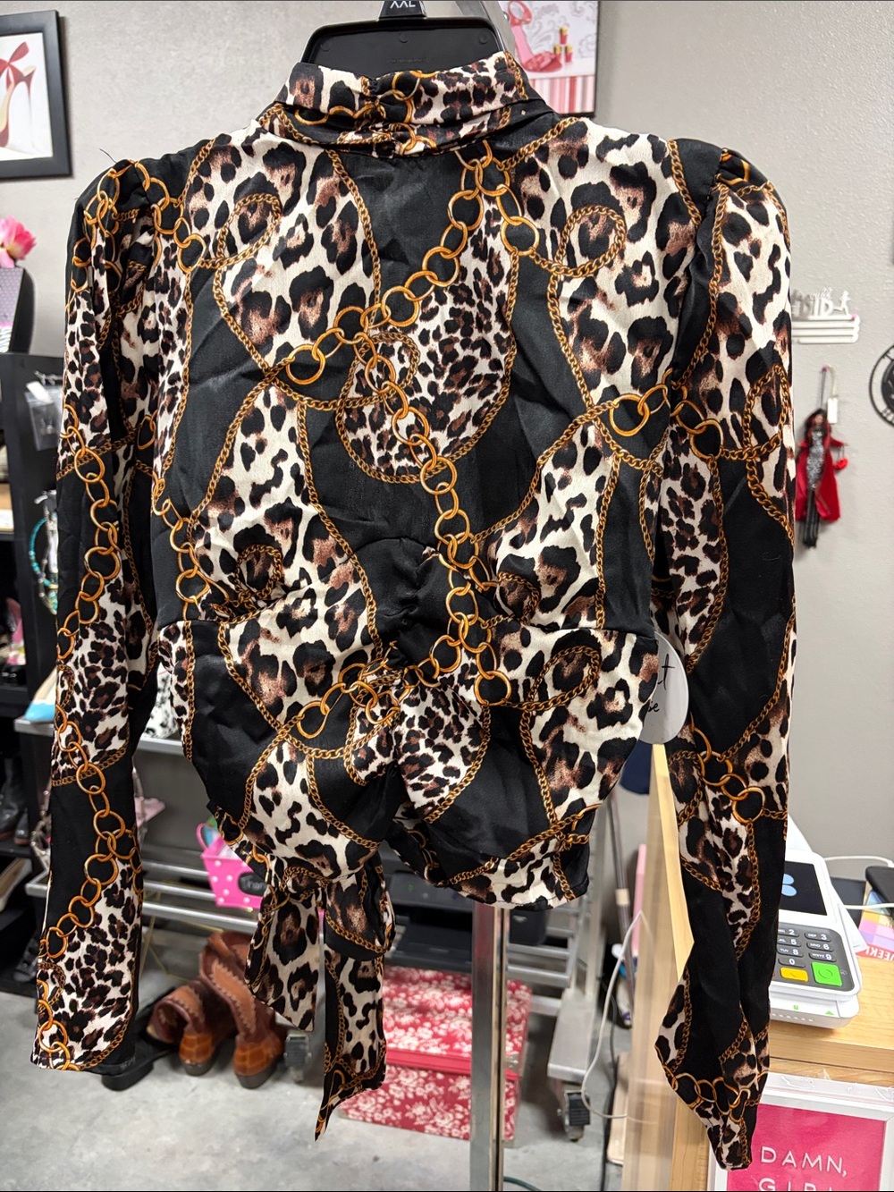 Leopard Chain-Print Tie-Front Blouse - Black/Beige CPB27R